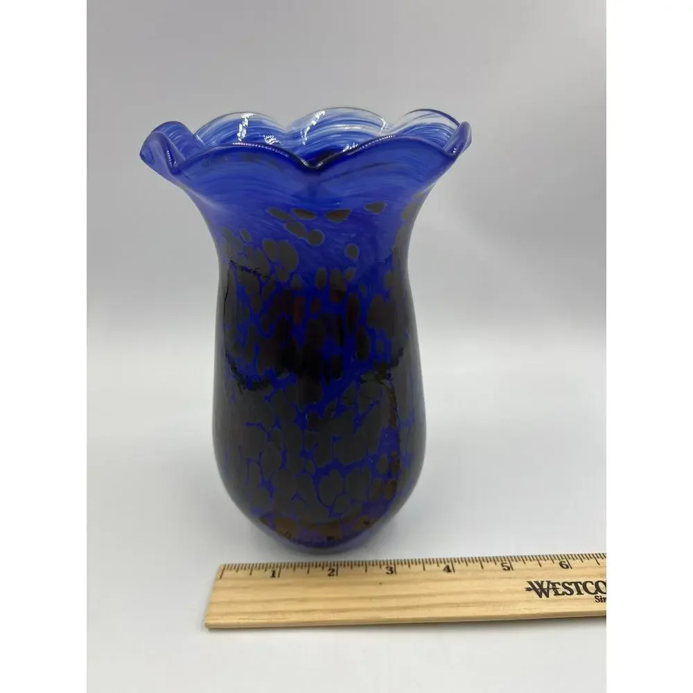 Handblown Art‎ Glass Vase Blue Signed Ruffled